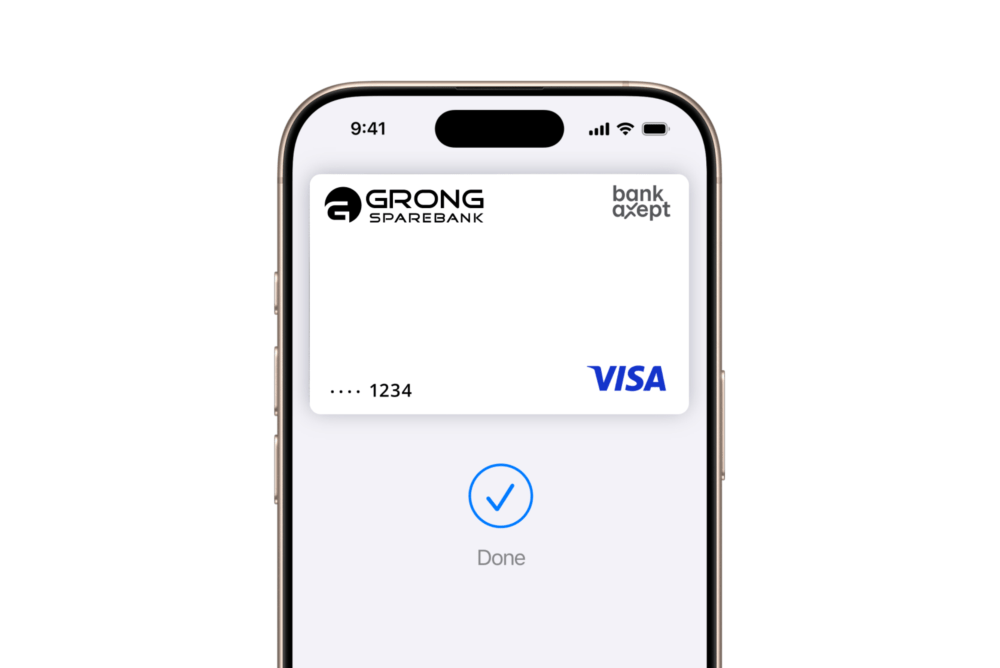 IPhone viser et digitalt betalingskort med bekreftelse 'Done'.